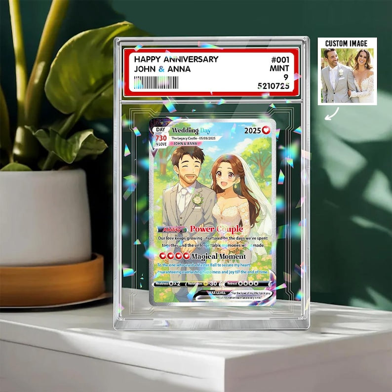 Custom Photo Anime Themed Gift for Anniversary, Personalized Poke Anniversary Card, Hologram Acrylic Card for Couple, Anniversary Gift