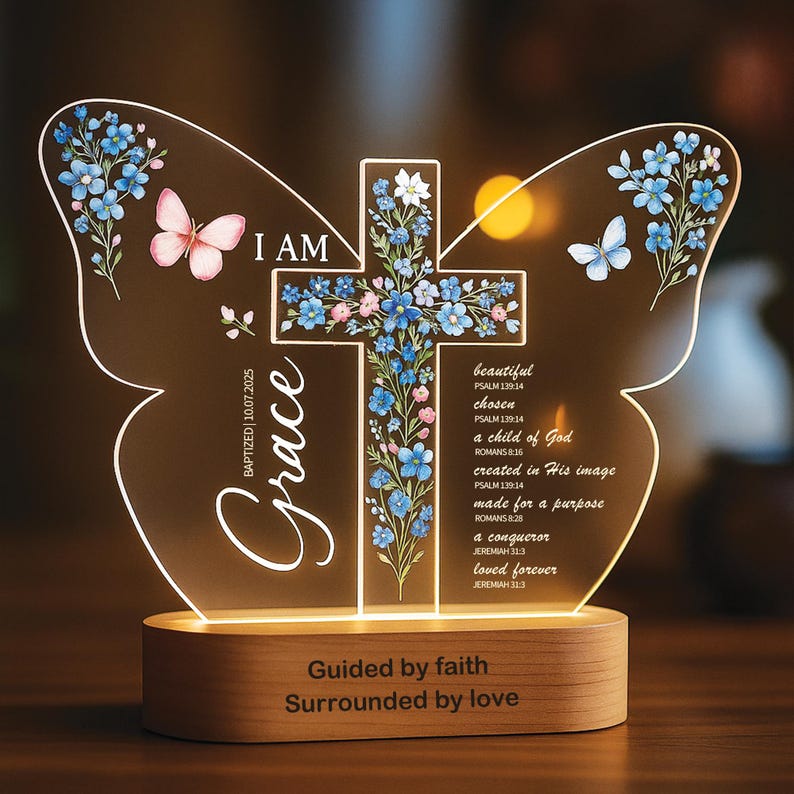 Personalized Baptism Night Light,Custom Christian Butterfly Lamp with Name & Date,Baptized in Christ Gift for Baby Gift for Baby Girl or Boy
