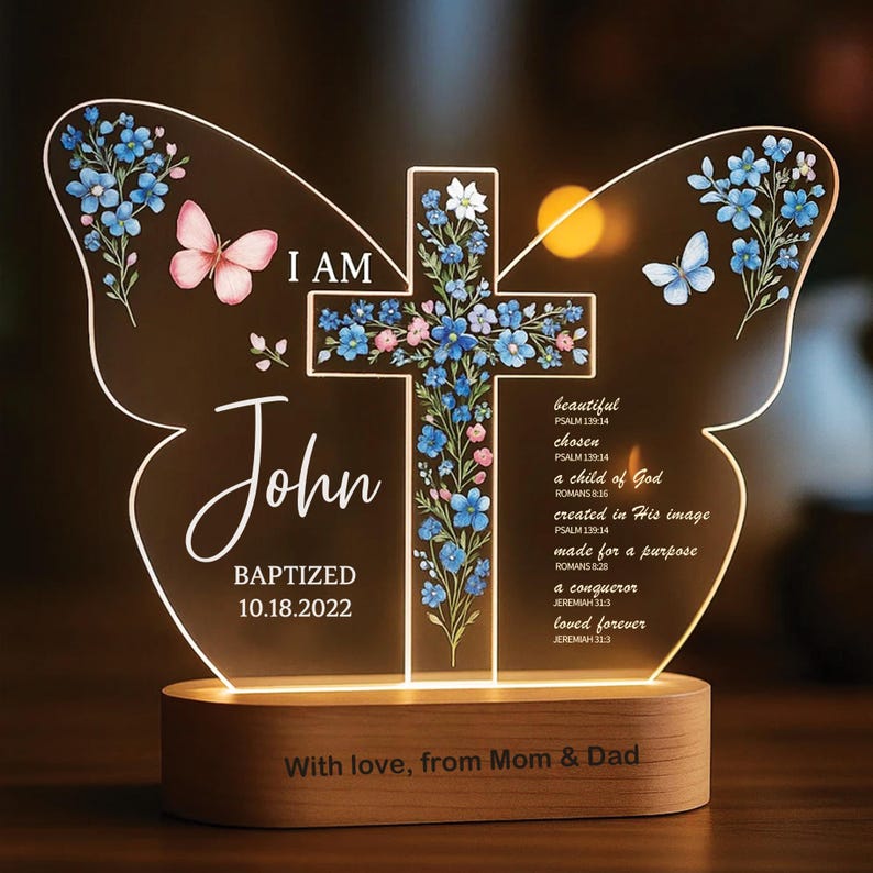 Personalized Baptism Night Light,Custom Christian Butterfly Lamp with Name & Date,Baptized in Christ Gift for Baby Gift for Baby Girl or Boy