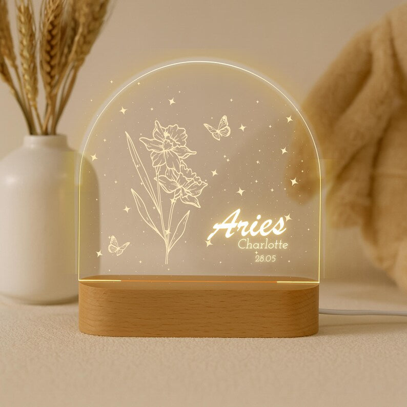 Personalized Zodiac LED Light, Custom Flower Birth Month Gift, Birthday Gift, Bestie Night Light Gift, Valentine's Day Gift