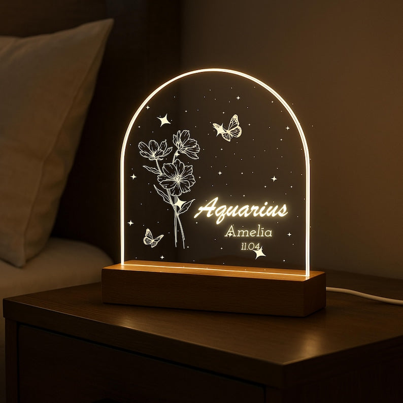 Personalized Zodiac LED Light, Custom Flower Birth Month Gift, Birthday Gift, Bestie Night Light Gift, Valentine's Day Gift