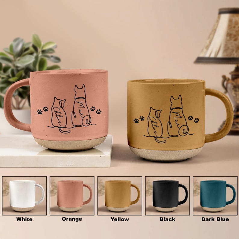 Personalized Dog Cat Mug, Custom Dog Cat Memorial Gift, Cat Lovers Gift Dog Cat Line Art Gift for Pet Dad, Pet Lover's Gift, Cat Pottery Mug