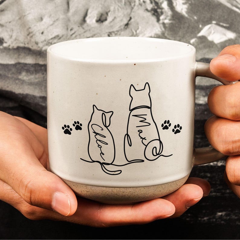 Personalized Dog Cat Mug, Custom Dog Cat Memorial Gift, Cat Lovers Gift Dog Cat Line Art Gift for Pet Dad, Pet Lover's Gift, Cat Pottery Mug