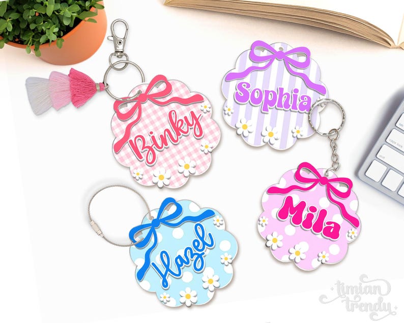 Coquette Bow Name Tag for Backpack, Custom Acrylic Keychain, Gift for Girls, Bag Tags with Kids Name, Back to School Tag, Name Tag for Kids