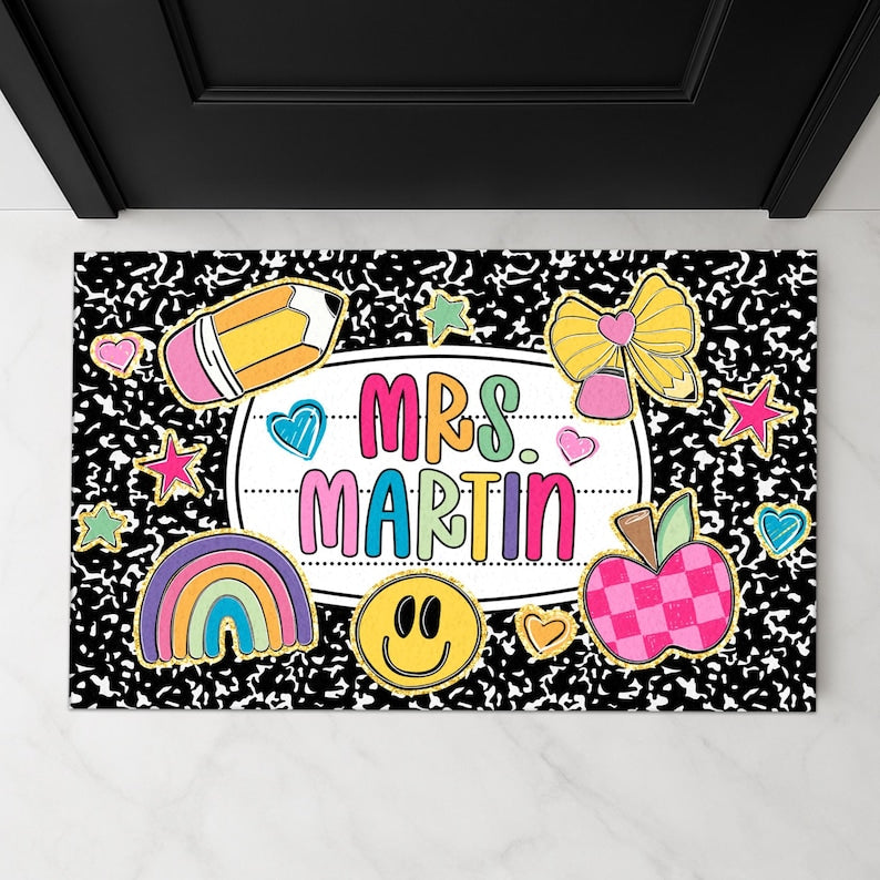 Personalized Teacher Name Doormat, Composition Notebook Classroom Mat, Trendy Teacher Rug, Classroom Decor, Custom Teacher Gift for Women