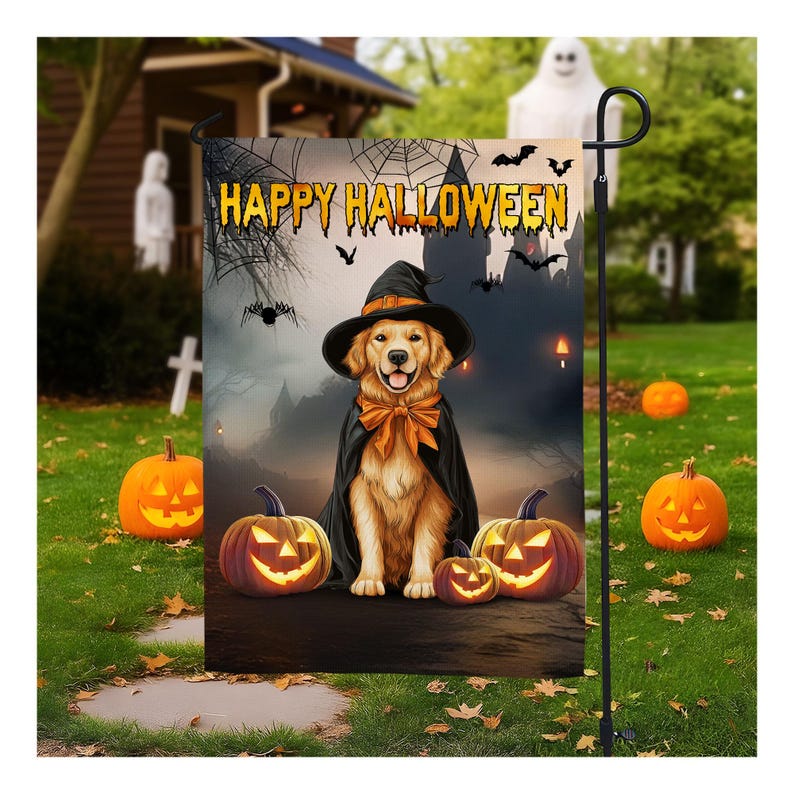 Golden Retriever Halloween Garden Flag, Witch Dog Banner, Halloween Yard Decoration, Double-Sided Garden House Flag, Outdoor Halloween Decor