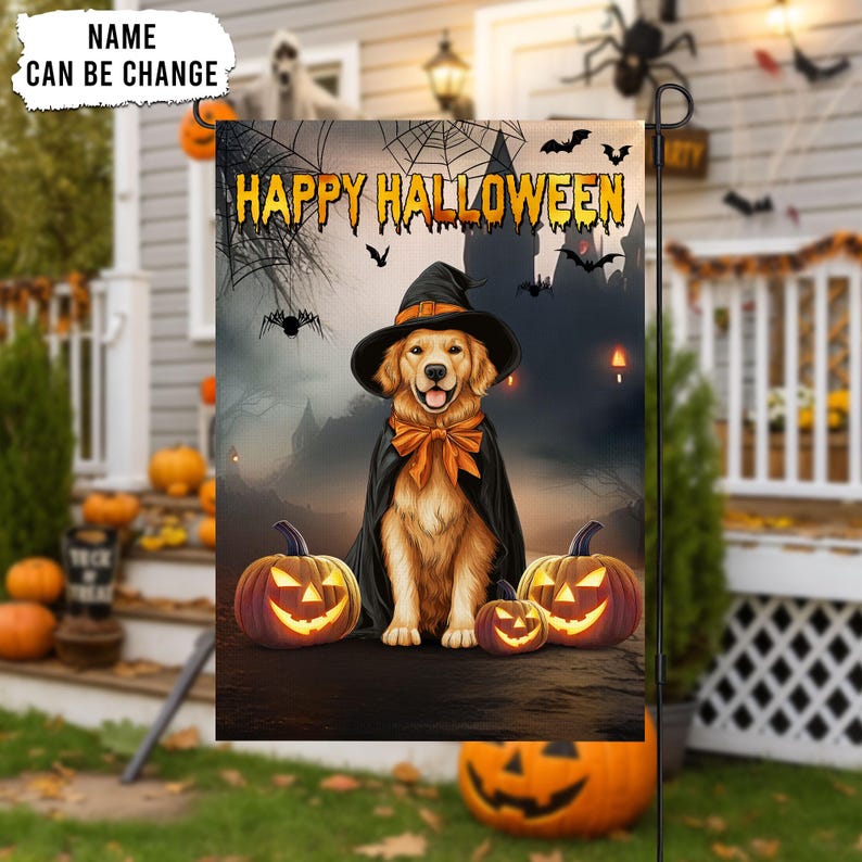 Golden Retriever Halloween Garden Flag, Witch Dog Banner, Halloween Yard Decoration, Double-Sided Garden House Flag, Outdoor Halloween Decor