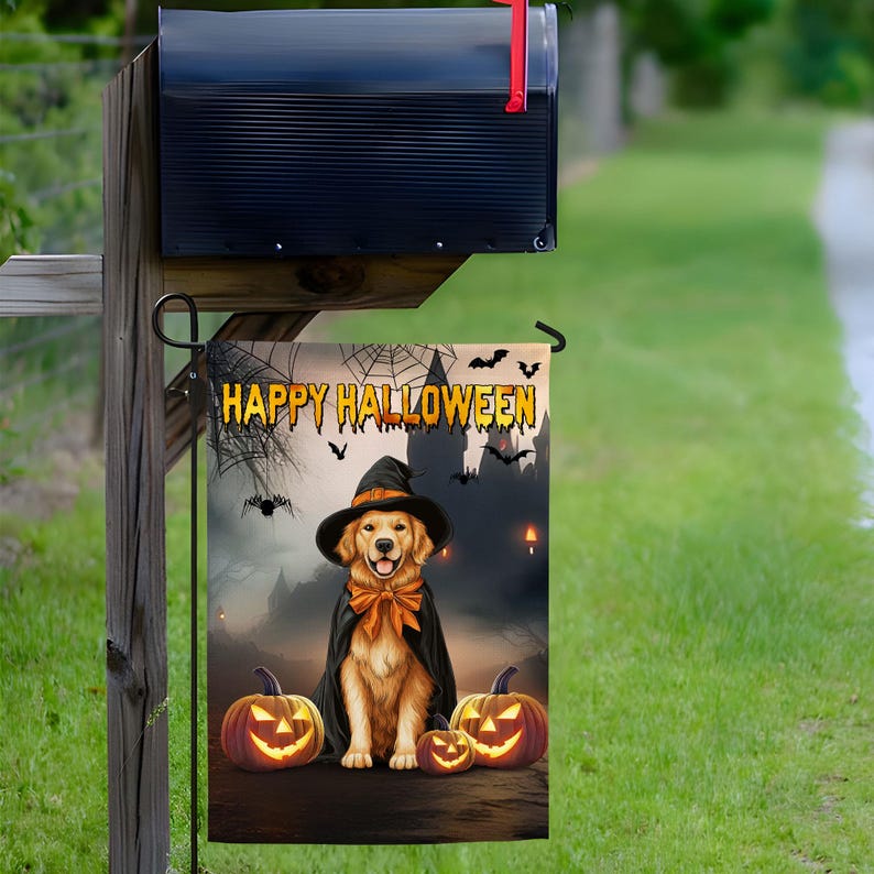 Golden Retriever Halloween Garden Flag, Witch Dog Banner, Halloween Yard Decoration, Double-Sided Garden House Flag, Outdoor Halloween Decor