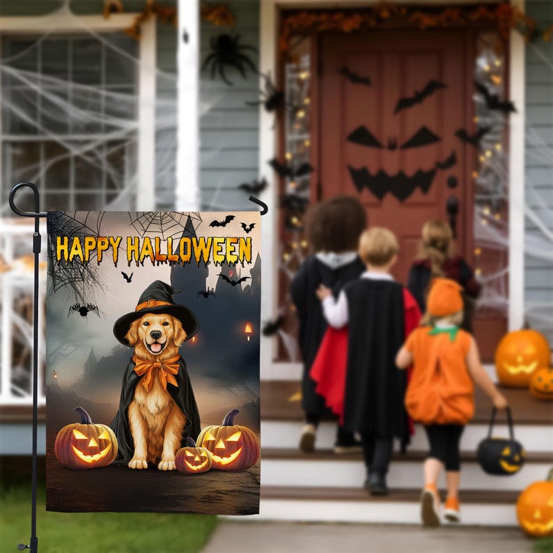 Golden Retriever Halloween Garden Flag, Witch Dog Banner, Halloween Yard Decoration, Double-Sided Garden House Flag, Outdoor Halloween Decor