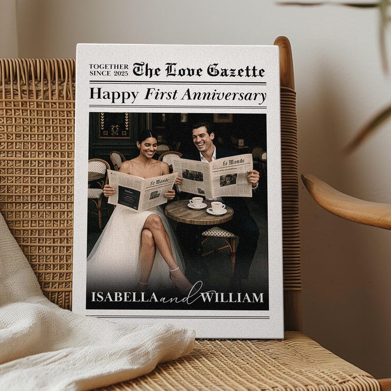 Custom Newlywed Anniversary Photo Canvas, Personalized Framed Newspaper-Style Couple Gift, Unique Year Celebration Keepsake