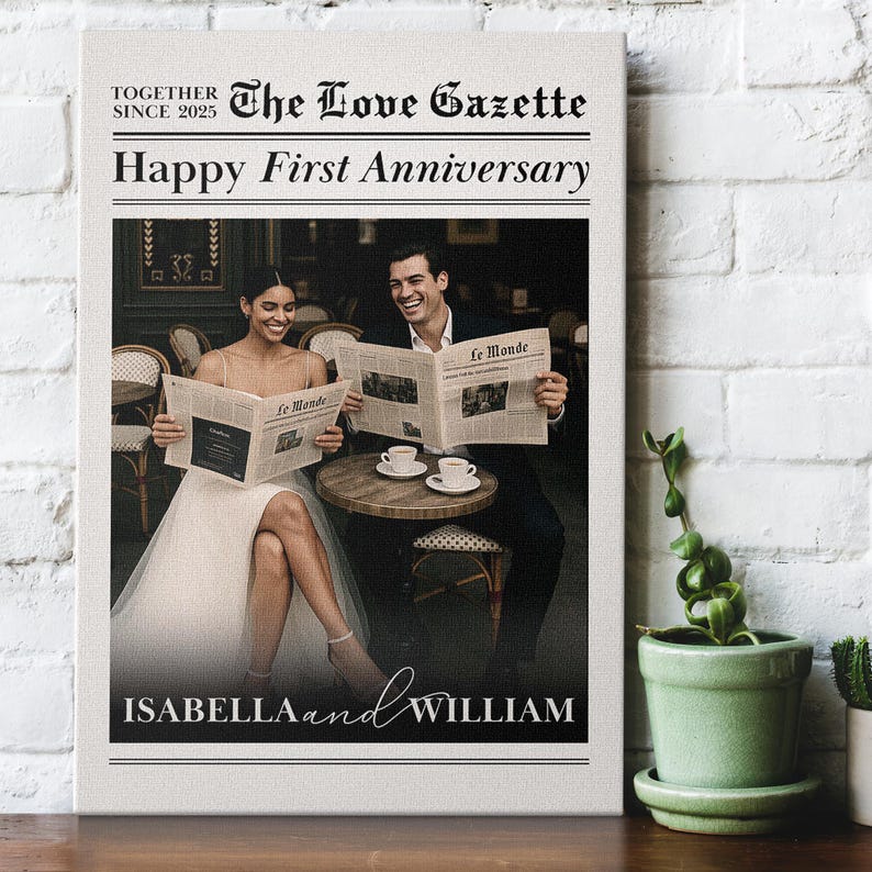 Custom Newlywed Anniversary Photo Canvas, Personalized Framed Newspaper-Style Couple Gift, Unique Year Celebration Keepsake