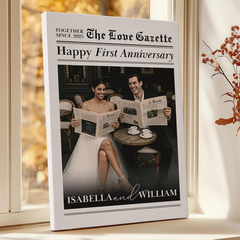 Custom Newlywed Anniversary Photo Canvas, Personalized Framed Newspaper-Style Couple Gift, Unique Year Celebration Keepsake