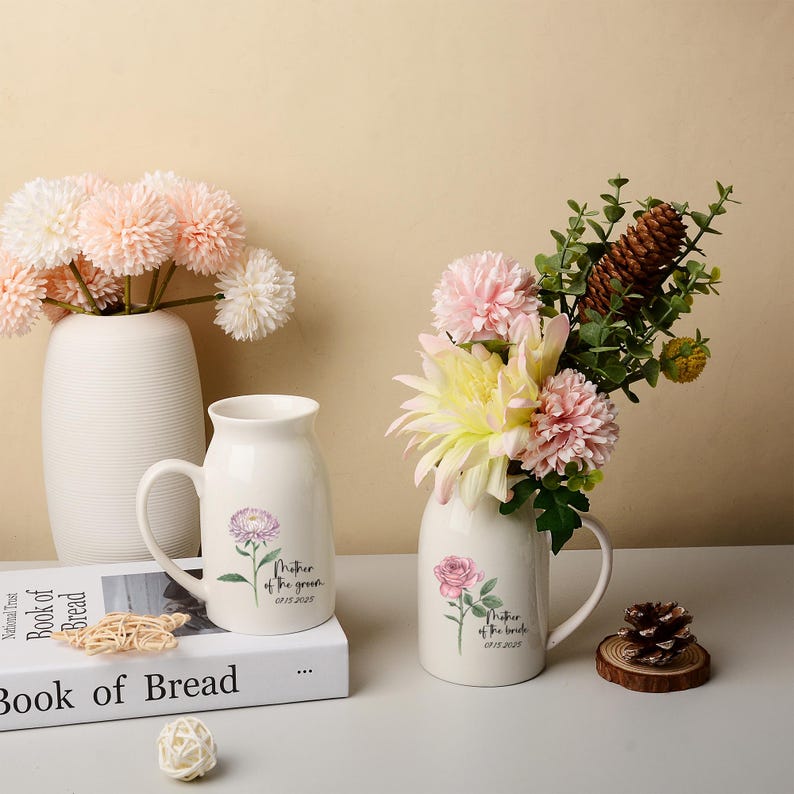 Personalized Mother Of The Groom Flower Vase,Mothers Day Gift For Mom,Wedding Flower Vase,Mother Of The Bride Gift,Birth Flower Ceramic Vase