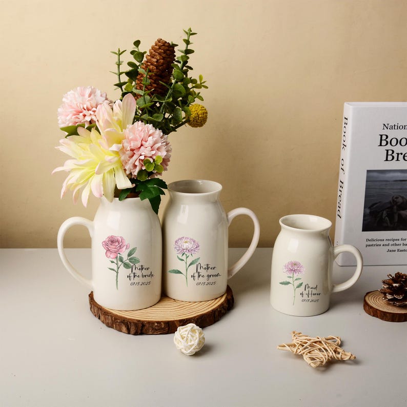 Personalized Mother Of The Groom Flower Vase,Mothers Day Gift For Mom,Wedding Flower Vase,Mother Of The Bride Gift,Birth Flower Ceramic Vase
