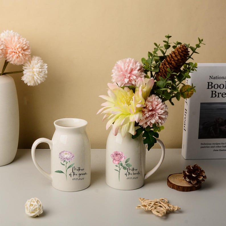Personalized Mother Of The Groom Flower Vase,Mothers Day Gift For Mom,Wedding Flower Vase,Mother Of The Bride Gift,Birth Flower Ceramic Vase