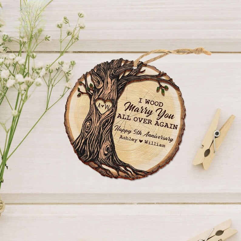 Custom Wood Anniversary Wedding Ornament, 5th Anniversary Christmas Ornament, 5th Year Anniversary Gifts, 5th Year Wood Anniversary Ornament