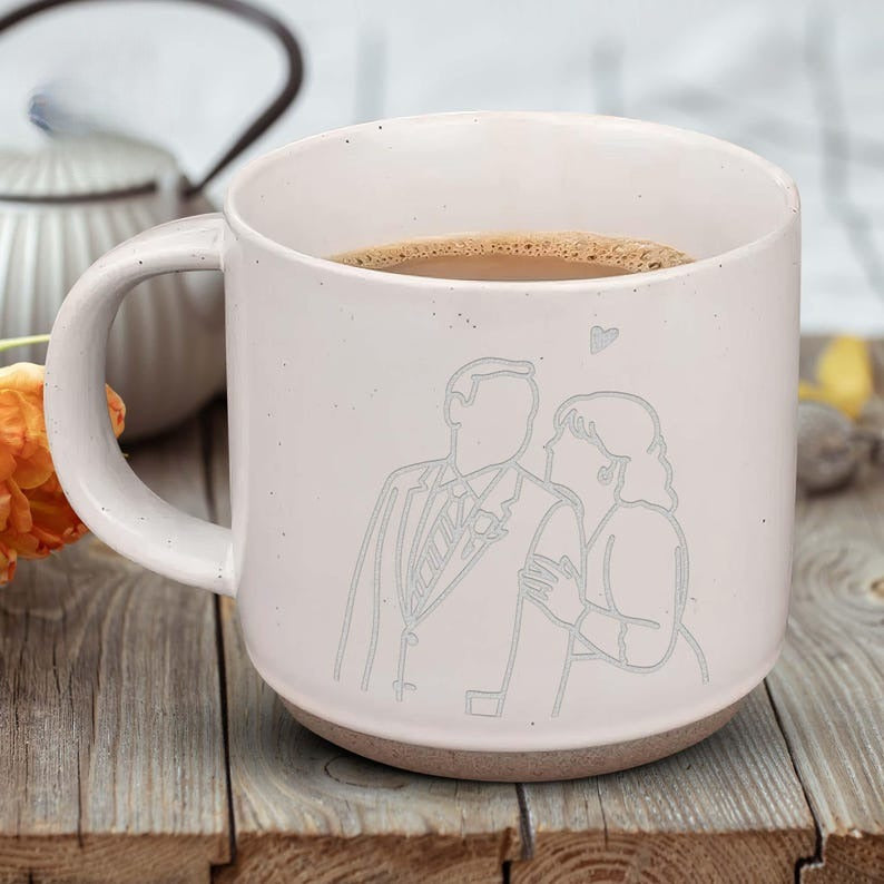 Custom Line Drawing from Photo, Engraved Pottery Mug, Couple Coffee Mug,Anniversary Gift, Birthday Gift for Boyfriend,Him, Couple Line Art
