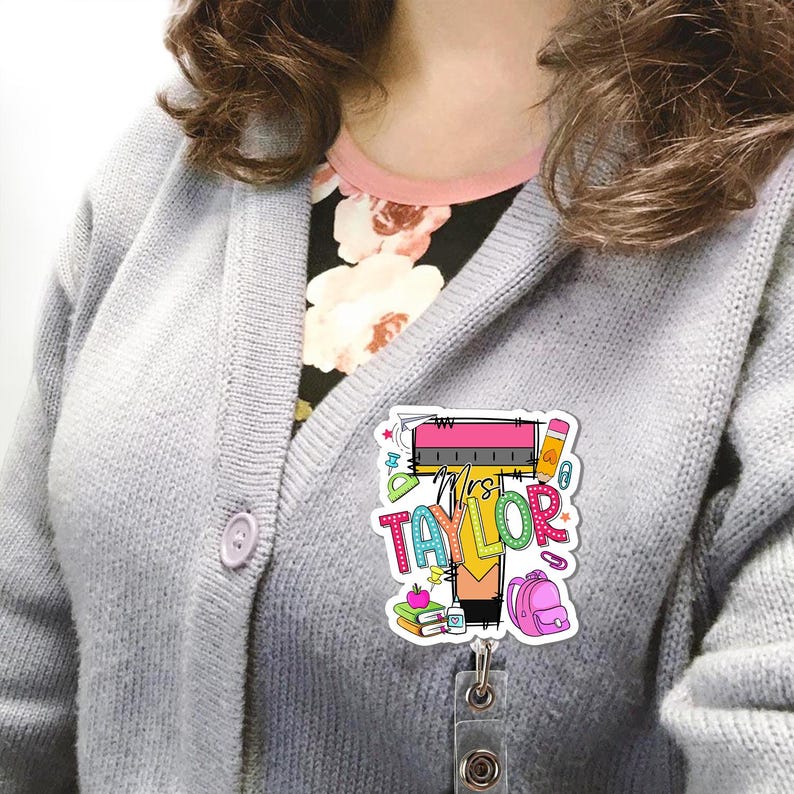 Personalized Teacher Back To School Badge Holder, Floral Teacher ID Badge Holder, Custom Teacher Badge Holder, Retractable Badge Reel