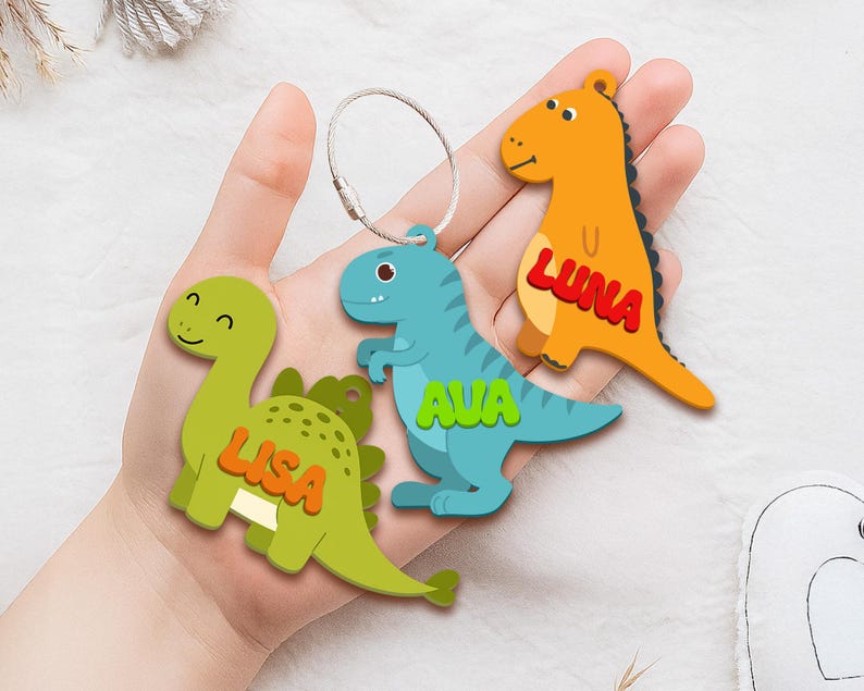 Personalized Dinosaur Keychain for Kids, Custom Backpack Kid Name, Back to School Gift, Cute Dino Bag Charm, Lunch Box Tag, Diaper Bag Tag