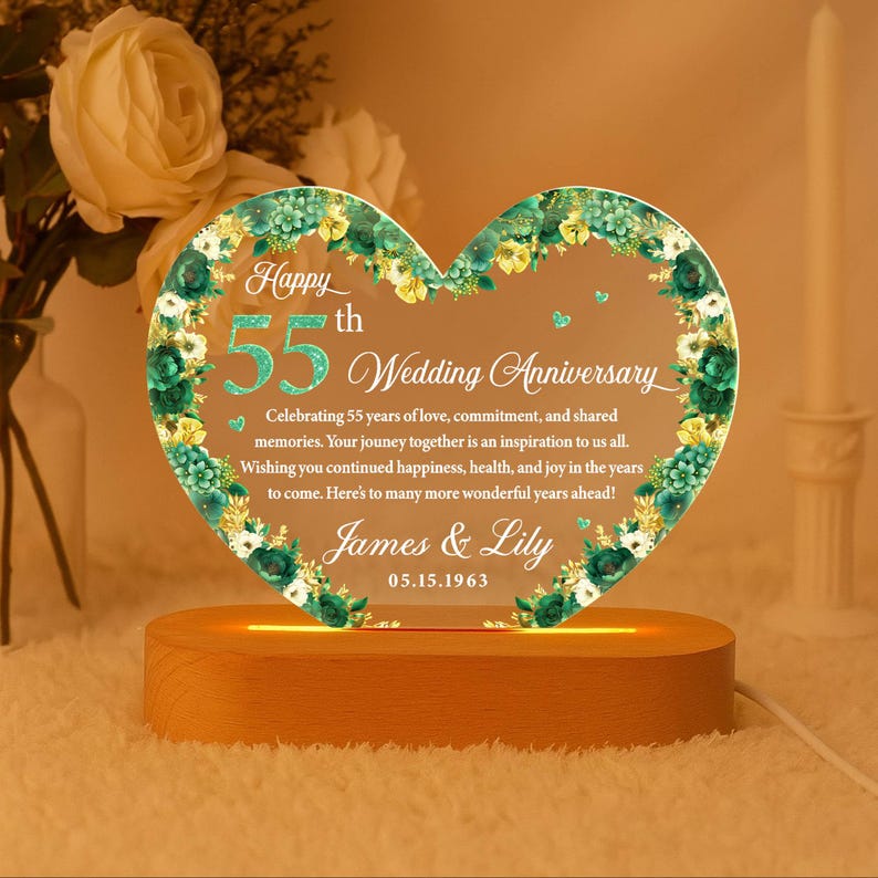 Personalized 55th Wedding Anniversary Night Light, Emerald Wedding Anniversary Gift, 55th Wedding Anniversary, Anniversary Gift for Couple