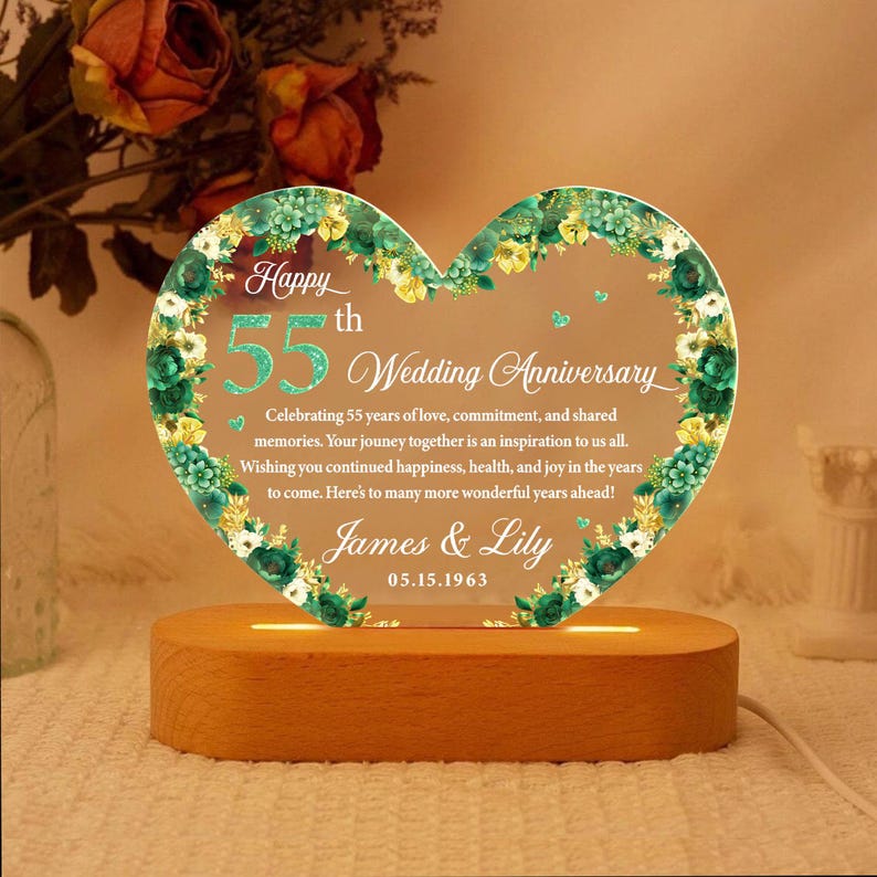 Personalized 55th Wedding Anniversary Night Light, Emerald Wedding Anniversary Gift, 55th Wedding Anniversary, Anniversary Gift for Couple