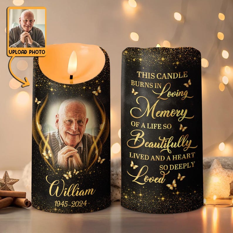 Custom Memorial Candle Light with Photo, Personalized Remembrance Keepsake Gift, Memorial Tribute with Name and Date, Sympathy Gift for Loss