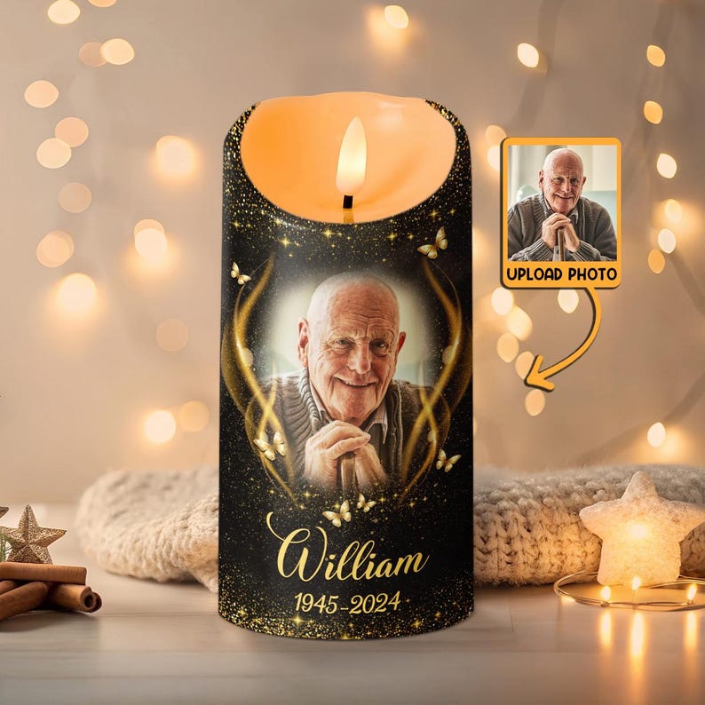 Custom Memorial Candle Light with Photo, Personalized Remembrance Keepsake Gift, Memorial Tribute with Name and Date, Sympathy Gift for Loss