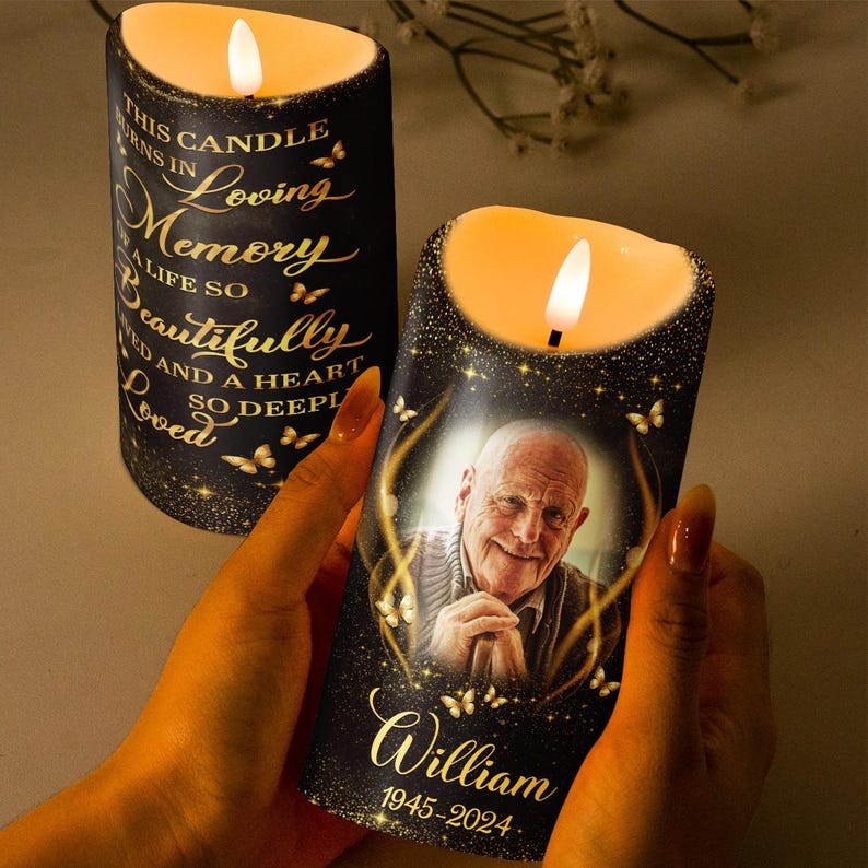 Custom Memorial Candle Light with Photo, Personalized Remembrance Keepsake Gift, Memorial Tribute with Name and Date, Sympathy Gift for Loss