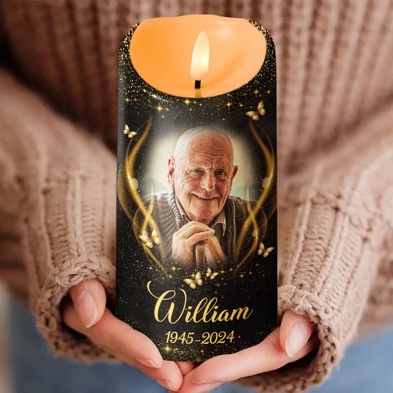 Custom Memorial Candle Light with Photo, Personalized Remembrance Keepsake Gift, Memorial Tribute with Name and Date, Sympathy Gift for Loss
