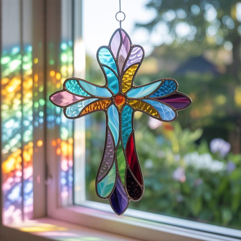 Cross Christian Acrylic Suncatcher, Christian Window Hanging,Stained Glass Cross Suncatcher,Religious Thanksgiving Day Decor,Christmas Decor