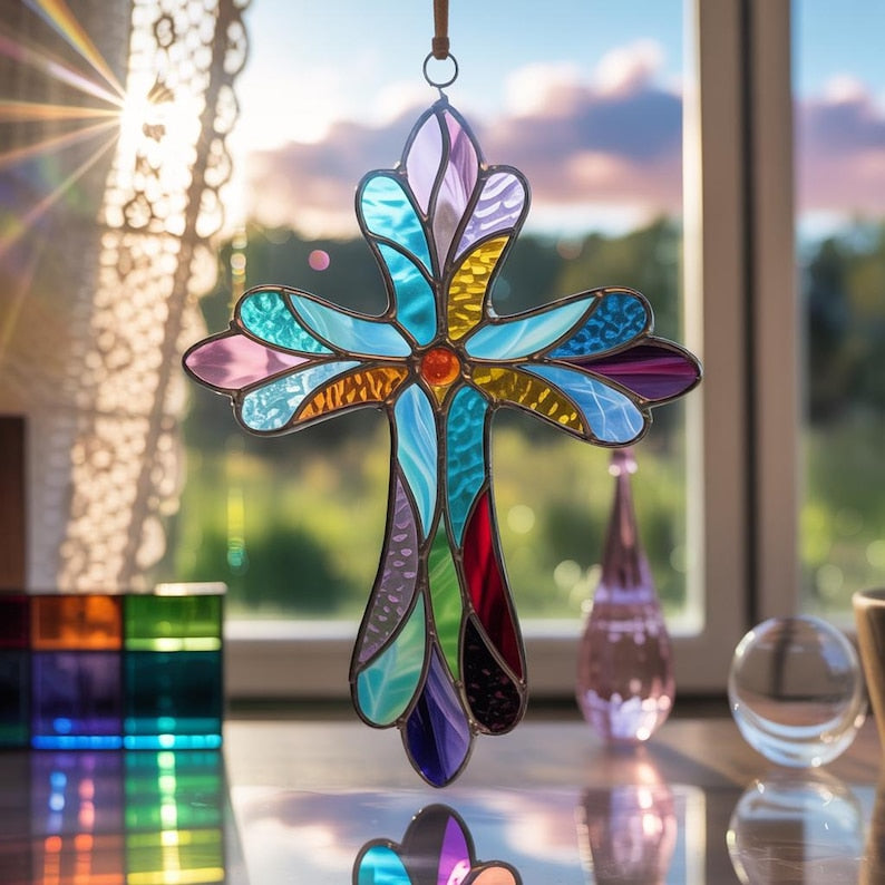 Cross Christian Acrylic Suncatcher, Christian Window Hanging,Stained Glass Cross Suncatcher,Religious Thanksgiving Day Decor,Christmas Decor