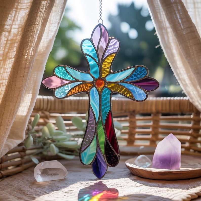 Cross Christian Acrylic Suncatcher, Christian Window Hanging,Stained Glass Cross Suncatcher,Religious Thanksgiving Day Decor,Christmas Decor