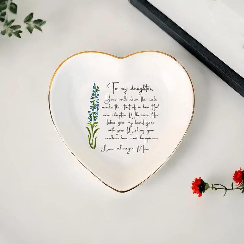 To My Daughter on Her Wedding Day Personalized Ring Dish with Message from Mom Elegant Gold Trim Keepsake Tray Gift for Daughter