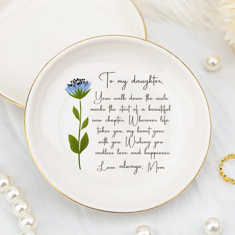 To My Daughter on Her Wedding Day Personalized Ring Dish with Message from Mom Elegant Gold Trim Keepsake Tray Gift for Daughter