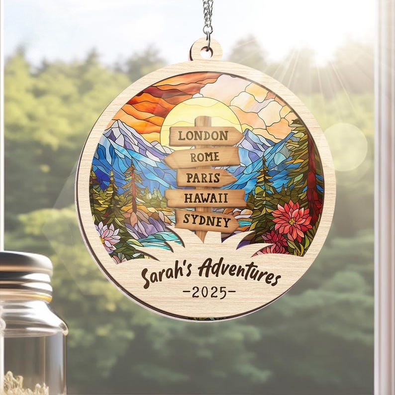 Personalized Travel Adventure 2 Layered Wooden Ornament, Custom Traveling Destination Ornament, Travel Gift, Travel Adventure Ornament Gifts
