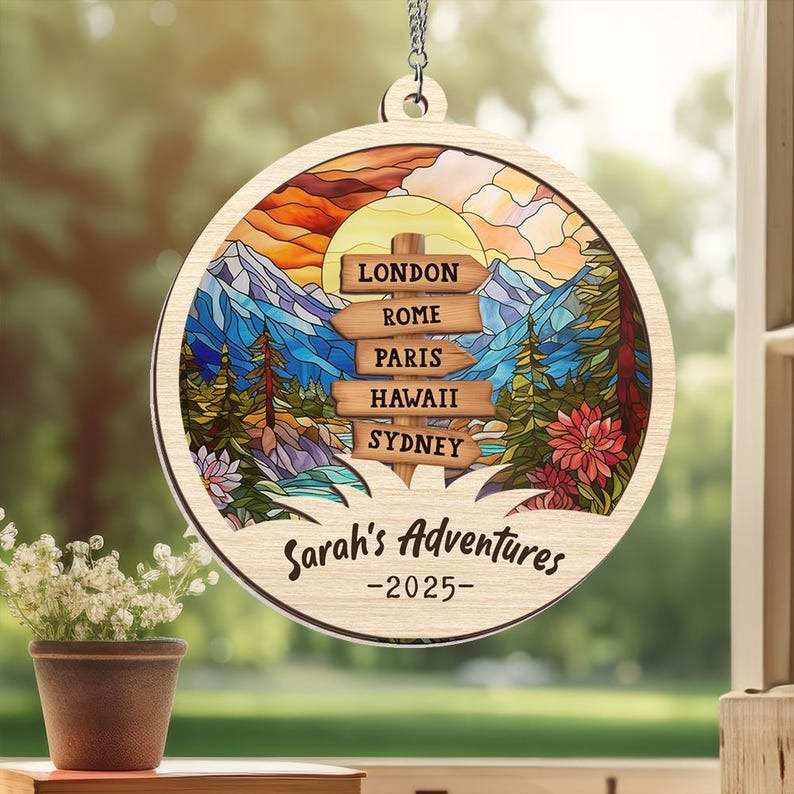 Personalized Travel Adventure 2 Layered Wooden Ornament, Custom Traveling Destination Ornament, Travel Gift, Travel Adventure Ornament Gifts