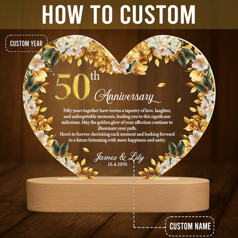 Personalized 50th Anniversary LED Night Light, Golden Wedding Gift Anniversary Gift For Couple