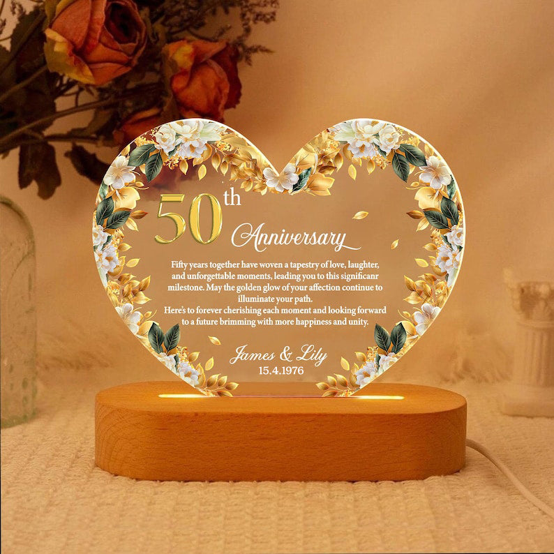 Personalized 50th Anniversary LED Night Light, Golden Wedding Gift Anniversary Gift For Couple