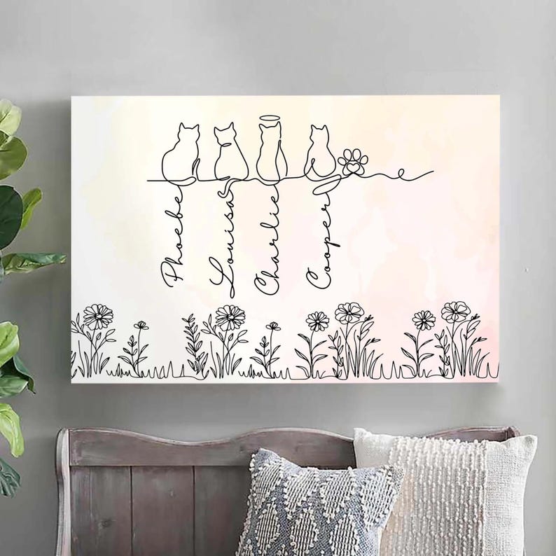 Adorable Cats Line Art-Personalized Cat Canvas Wall Decor, Unique Cat Canvas, Unique Home Decor,Cat Mom Gift,Cat Lover Gift, Cat Day Gift