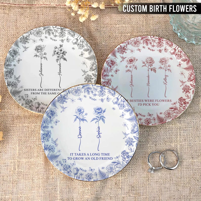 Personalized Jewelry Dish Gifts for Besties, BFF, Soul Sister, If Besties Were Flowers I'd Pick You, Custom Birth Month Flower with Name