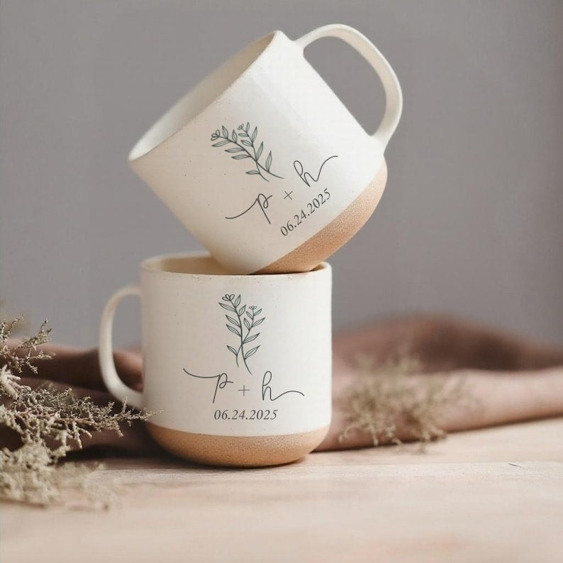 Personalised Engraved Engagement Pottery Mug, Custom Wedding Mugs, Engagement Gifts, Wedding Gifts for Couple, Bridal Shower Gifts