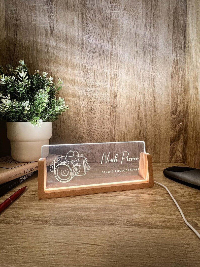Personalized Name & Title Desk Plate Stand | Camera Photography Photographer Studio Professional | Business Sign LED Light Nameplate Gift