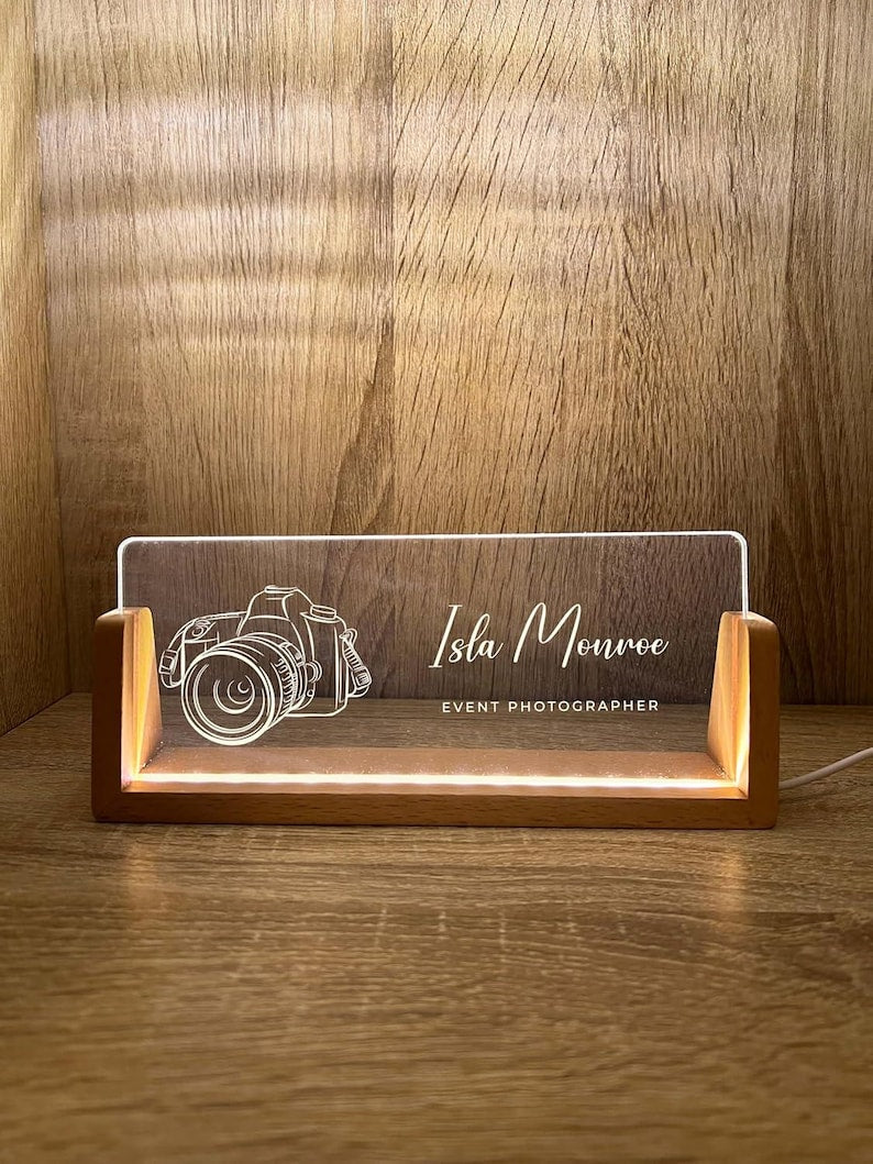 Personalized Name & Title Desk Plate Stand | Camera Photography Photographer Studio Professional | Business Sign LED Light Nameplate Gift