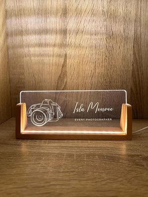Personalized Name & Title Desk Plate Stand | Camera Photography Photographer Studio Professional | Business Sign LED Light Nameplate Gift
