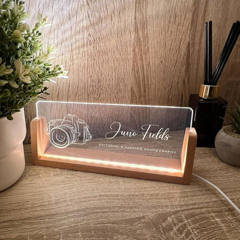 Personalized Name & Title Desk Plate Stand | Camera Photography Photographer Studio Professional | Business Sign LED Light Nameplate Gift