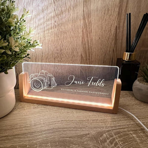 Personalized Name & Title Desk Plate Stand | Camera Photography Photographer Studio Professional | Business Sign LED Light Nameplate Gift