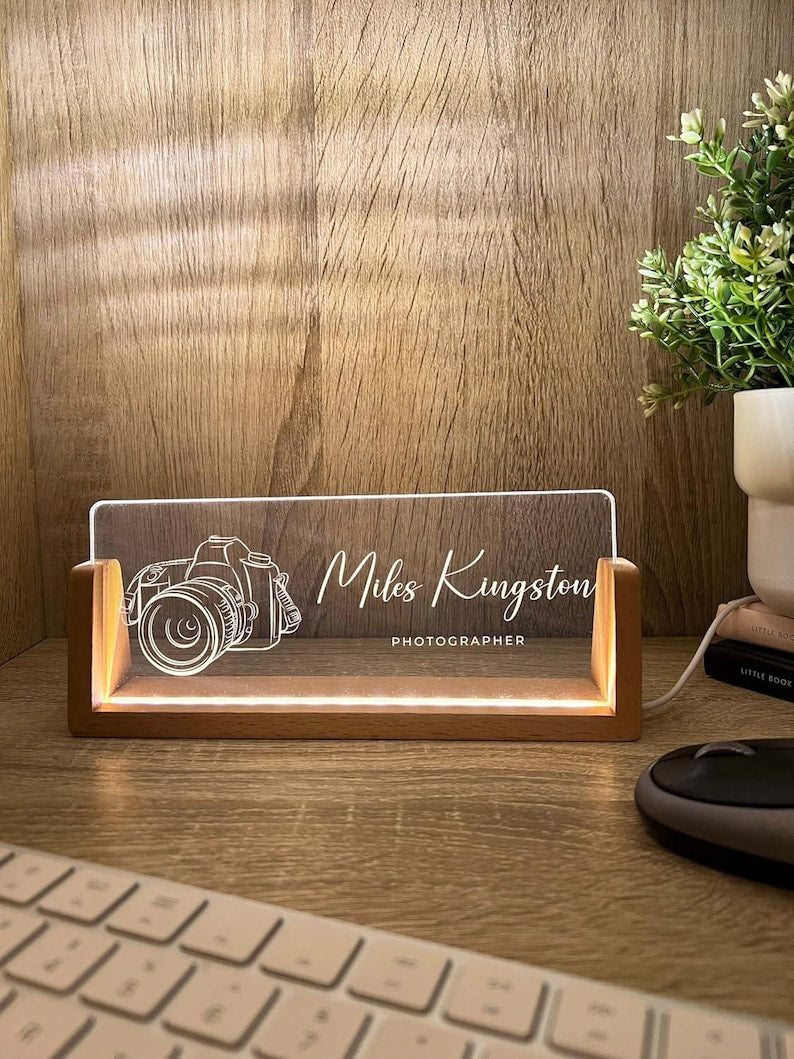 Personalized Name & Title Desk Plate Stand | Camera Photography Photographer Studio Professional | Business Sign LED Light Nameplate Gift