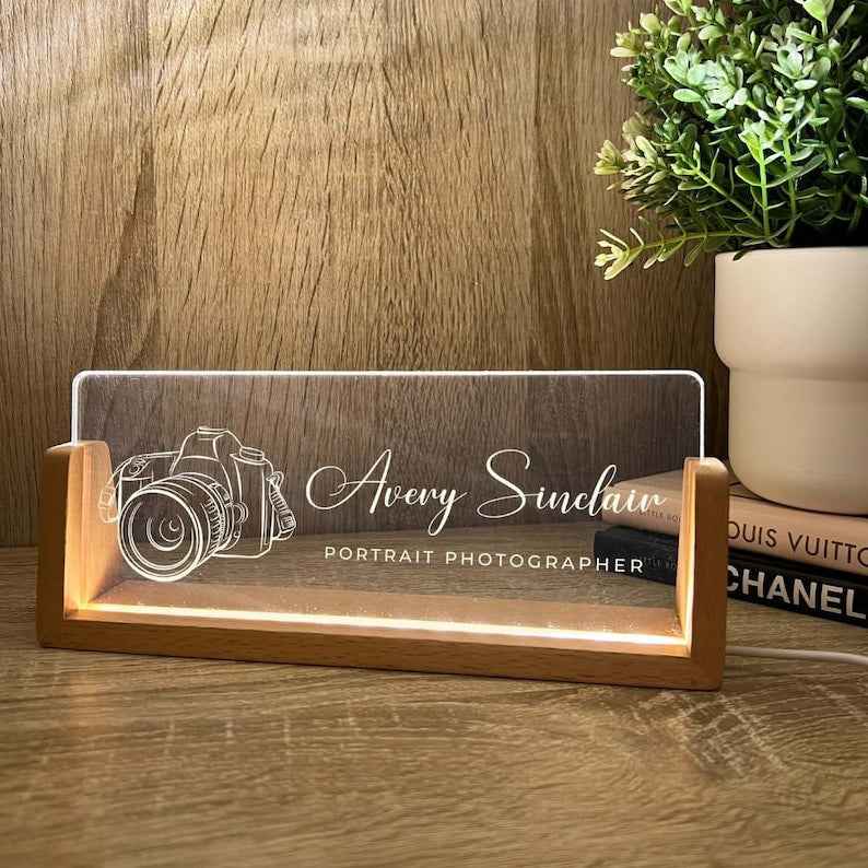 Personalized Name & Title Desk Plate Stand | Camera Photography Photographer Studio Professional | Business Sign LED Light Nameplate Gift