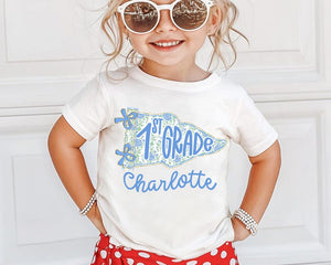 Personalized 1st Grade Shirt for Girls, Floral Pennant Back to School Shirt, Custom Name Shirt, First Day of School Outfit, School Flag Tee