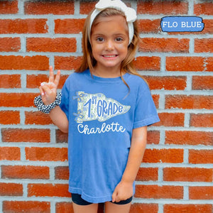 Personalized 1st Grade Shirt for Girls, Floral Pennant Back to School Shirt, Custom Name Shirt, First Day of School Outfit, School Flag Tee